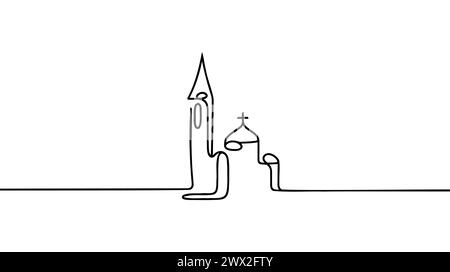 Église dans le style de dessin d'art de ligne continue. Église abstraite avec clocher. Croquis linéaire noir minimaliste isolé sur fond blanc. VE Illustration de Vecteur