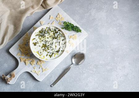 Soupe traditionnelle turque de pâte au yaourt triangulaire coupée maison avec de l'huile et des feuilles de menthe séchées Banque D'Images