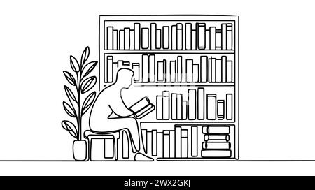 Les vieux livres sont sur l'étagère une ligne décrochée Dessin au trait continu de livre, bibliothèque, éducation, école, étude. Illustration de Vecteur