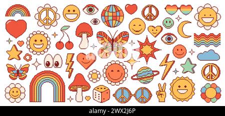 Pixel y2k groovy, rave, hippie et symboles psychédéliques. Sourire visage, amanita champignon et soleil, papillon ou arc-en-ciel. Gamble dés, lunettes de soleil avec des signes de paix, fleur de Marguerite, boule disco, étoile avec flash Illustration de Vecteur