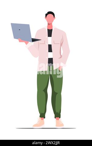 Jeune homme moderne dans des vêtements décontractés avec un ordinateur portable dans ses mains. Freelance ou étude concept. Illustration de dessin animé vectoriel plat Banque D'Images