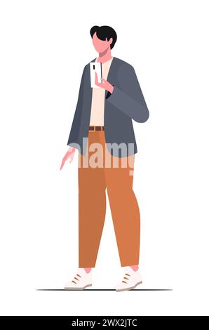 Jeune homme moderne dans des vêtements décontractés avec un téléphone à la main. Illustration de bande dessinée vectorielle plate isolée sur fond blanc. Banque D'Images