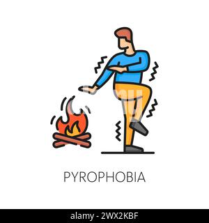 Pyrophobie phobie, anxiété ou problème de psychologie humaine contour icône de couleur. Peur du feu et du problème de flamme ou de trouble mental symbole de vecteur de ligne mince, pictogramme ou icône avec l'homme effrayé du feu de joie Illustration de Vecteur