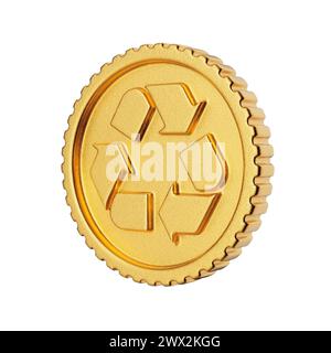 Badge de pièce d'or avec signe de recyclage sur fond blanc. Rendu 3D. Banque D'Images