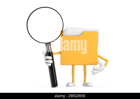 Icône de dossier de fichier jaune mascotte de personnage de personne de dessin animé avec une loupe sur un fond blanc. Rendu 3D. Banque D'Images