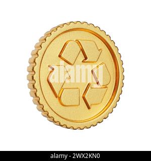 Badge de pièce d'or avec signe de recyclage sur fond blanc. Rendu 3D. Banque D'Images