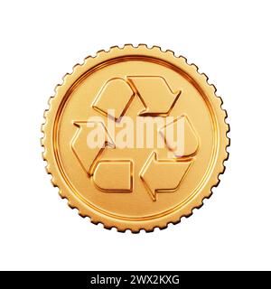 Badge de pièce d'or avec signe de recyclage sur fond blanc. Rendu 3D. Banque D'Images