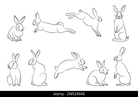 Ensemble de lapin dans un style simple d'une ligne isolé sur fond blanc. Icônes, symboles, éléments, illustration de lapins mignons stylisés. Banque D'Images