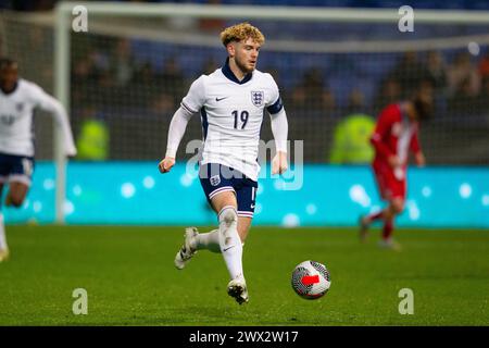 Bolton, Royaume-Uni. 26 mars 2024. Harvey Elliott, de l'Angleterre, lors du match de qualification pour le Championnat d'Europe des moins de 21 ans de l'UEFA 2025 opposant les U21 d'Angleterre et les U21 du Luxembourg au Toughsheet Community Stadium le 26 mars 2024 à Bolton, en Angleterre. (Photo de Richard Ault/phcimages.com) crédit : PHC images LTD/Alamy Live News Banque D'Images