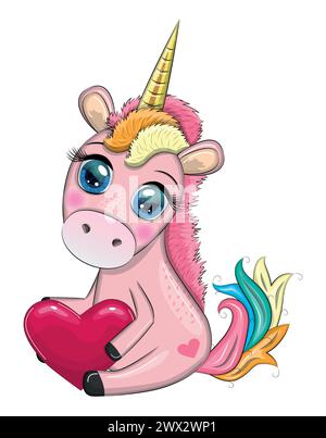 Poney rose licorne assis. Carte de bébé mignonne, petite fille avec de grands yeux. Illustration de Vecteur