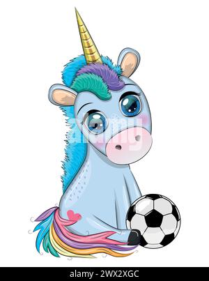 Adorable dessin animé unicorn avec ballon de football, été, jeux pour enfants, club. Illustration de Vecteur