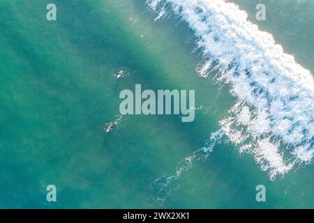 drone vue aérienne de dessus de surfeurs pratiquant le surf sur une plage en été Banque D'Images