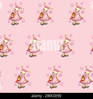 Aquarelle dessinée à la main fille de lapin mignon dans un motif sans couture de robe rose sur un fond rose, fond de lapin de conception d'impression, textile d'impression d'enfants. Banque D'Images