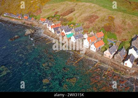 Crovie village Aberdeenshire Écosse les maisons jaune gorse sur les falaises et une mer bleu vert Banque D'Images