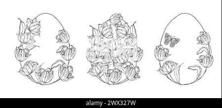 Ensemble d'oeufs de Pâques avec fond de fleurs de tulipes, éléments floraux dessinés à la main pour les vacances de printemps. Compositions d'art au trait noir et blanc pour page à colorier. Illustration de Vecteur