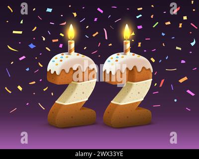 Joyeux anniversaire, anniversaire de personne, bougie avec gâteau sous la forme de numéros 22. Vecteur Illustration de Vecteur