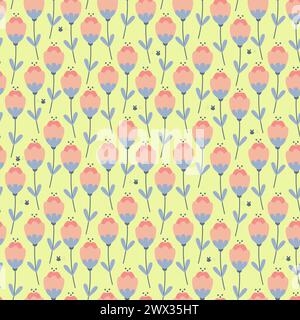 Motif sans couture de tulipes printanières colorées et lumineuses. Fleurs roses sur fond jaune. Abeilles volantes dans le jardin. Illustration de Vecteur