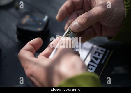 Berlin, Allemagne. 27 mars 2024. Un homme roule un joint. Le 22 mars 2024, le Conseil fédéral a ouvert la voie à la légalisation partielle du cannabis le 1er avril. Crédit : Sebastian Gollnow/dpa/Alamy Live News Banque D'Images