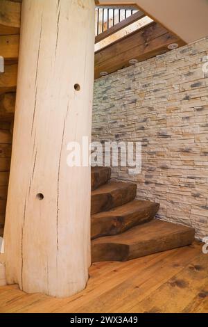 Escalier en bois torsadé avec des marches en demi-rondins teintées brunes fixées à un grand poteau central de support blanchi du tronc d'arbre et à un mur en pierre naturelle brune Banque D'Images