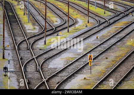 Systèmes de voies ferrées, voies de manœuvre, voies d'évitement, embranchements, gare de triage Mülheim-Styrum, sur la ligne de chemin de fer entre Mülheim an der Ruhr et Duisburg Banque D'Images