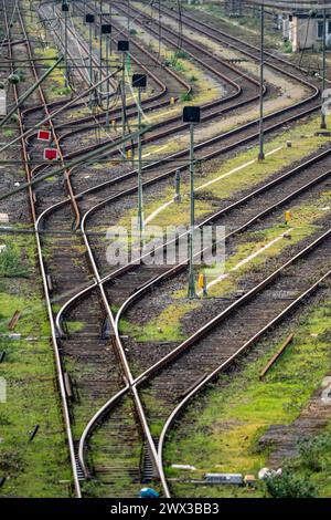 Systèmes de voies ferrées, voies de manœuvre, voies d'évitement, embranchements, gare de triage Mülheim-Styrum, sur la ligne de chemin de fer entre Mülheim an der Ruhr et Duisburg Banque D'Images