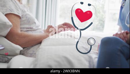 Image d'un sthétoscope avec coeur au-dessus d'une infirmière et d'un patient caucasiens. concept de services médicaux et de santé image générée numériquement. Banque D'Images