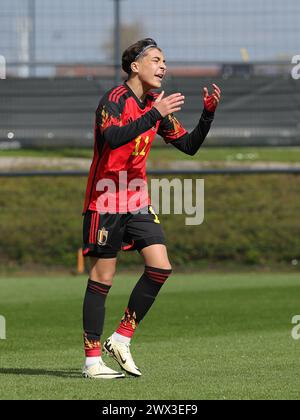 Tubize, Belgique. 25 mars 2024. Rayane Bounida (11 ans), de Belgique, photographiée lors d'un match amical de football entre les équipes nationales de Belgique et du pays de Galles, le lundi 25 mars 2024 à Tubize, Belgique . Crédit : Sportpix/Alamy Live News Banque D'Images