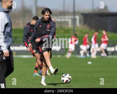 Tubize, Belgique. 25 mars 2024. Rayane Bounida (11 ans), de Belgique, photographiée avant un match amical de football entre les équipes nationales de Belgique et du pays de Galles, le lundi 25 mars 2024 à Tubize, Belgique . Crédit : Sportpix/Alamy Live News Banque D'Images