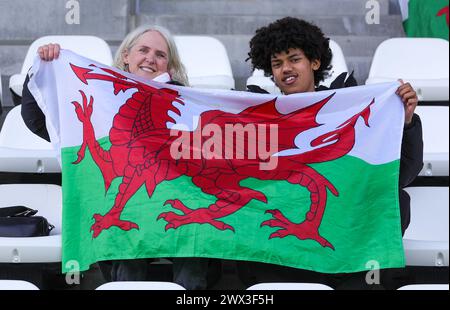 Tubize, Belgique. 25 mars 2024. Des supporters gallois photographiés avant un match amical de football entre les équipes nationales de Belgique et du pays de Galles de moins de 18 ans le lundi 25 mars 2024 à Tubize, Belgique . Crédit : Sportpix/Alamy Live News Banque D'Images