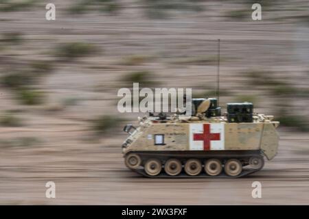 16 mars 2024 - Fort Irwin, Californie, États-Unis - Un véhicule blindé de transport de troupes M113 appartenant au 1st Squadron, 4th Cavalry Regiment, traverse le désert pendant la partie expérimentation médicale du projet convergence Capstone 4 (PC-C4), Fort Irwin, Calif, 16 mars 2024. Des développeurs médicaux de toute l'armée américaine ont Uni leurs forces ce mois-ci pour tester les dernières technologies médicales et les programmes de traitement du ministère de la Défense dans le cadre du PC-C4 au centre national de formation des armes des États-Unis. Les membres de l'équipe de l'activité de développement du matériel médical de l'armée américaine évaluent les progrès de deux Banque D'Images