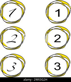 Feuille de symboles vectoriels : boîtes rondes (puces) bordées en jaune et noir, chacune avec les chiffres 1, 2 ou 3, Allemagne Illustration de Vecteur