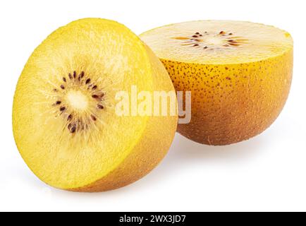 Kiwi doré et coupe croisée de kiwi isolée sur fond blanc. Banque D'Images