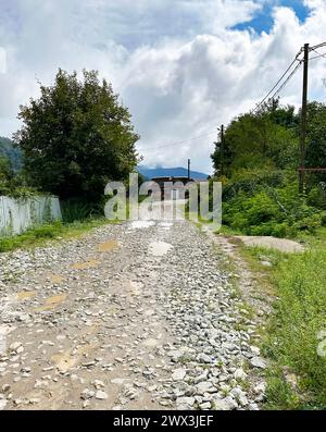 Une route pittoresque et non pavée menant à travers un paysage luxuriant vers un village de montagne rustique sous un ciel nuageux. Banque D'Images