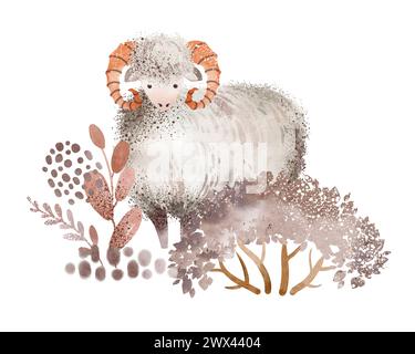 Aquarelle élevage d'agneau animal. Mouton mignon de dessin animé. Bétail avec des citrouilles sur un fond blanc. Bébé illustration d'une brebis dessinée à la main. Banque D'Images