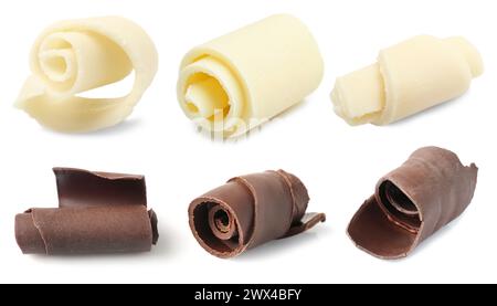 Boucles de chocolat savoureuses isolées sur blanc, set Banque D'Images