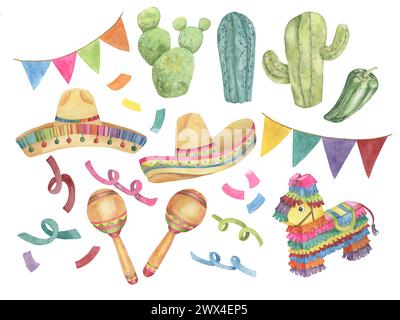 Cinco de Mayo dessiné à la main ensemble d'éléments de conception en aquarelle. Cactus colorés, pinata, jalapeno, sombreros, maracas, confettis, drapeaux et clips arts serpentine pour l'impression, cartes, bannières, emballage Banque D'Images