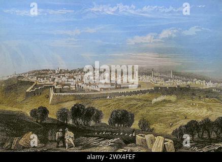Jérusalem. Vue générale depuis le Mont des oliviers. Gravure par Emile Rouargue. 'La Tierra Santa y los lugares recorridos por los profetas, por los apóstoles y por los cruzados' (Terre Sainte et lieux traversés par les prophètes, les apôtres et les croisés). Publié à Barcelone par l'imprimerie Joaquin Verdaguer, 1840. Banque D'Images