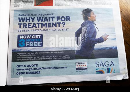 'Pourquoi attendre le traitement ?' Saga assurance maladie privée publicité publicité dans le journal Guardian 28 mars 2024 Londres Angleterre Royaume-Uni Banque D'Images