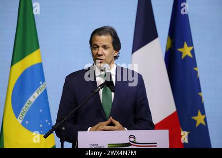 Sao Paulo, Sao Paulo, Brésil. 27 mars 2024. Sao Paulo (SP), 03/27/2024 - FORUM/BRAZIL/FRANCE/FIESP/SP Ã¢â‚¬' Ministre des Finances Fernando Haddad intervient lors du Forum économique Brésil-France à Sao Paulo qui s'est tenu au FIESP sur l'Avenida Paulista à Sao Paulo, ce mercredi - foire le 27 mars 2024. (Foto : Leco Viana/Thenews2/Zumapress) (crédit image : © Leco Viana/TheNEWS2 via ZUMA Press Wire) USAGE ÉDITORIAL SEULEMENT! Non destiné à UN USAGE commercial ! Banque D'Images