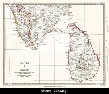 Titre original : Inde I et Ceylan. Il s'agit d'une reproduction restaurée et améliorée d'une ancienne carte détaillée publiée en 1844. Il montre le sud de l'Inde et le Sri Lanka, historiquement connu sous le nom de Ceylan. C'était l'une des cartes publiées par la Society for the diffusion of Useful Knowledge, une organisation britannique. Banque D'Images