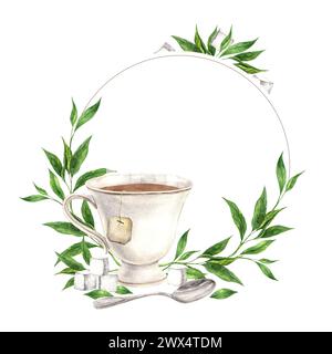 Couronne ronde faite à partir d'une tasse vintage avec des feuilles de thé, soucoupe et cuillère L'illustration est dessinée à la main sur un dessin de fond isolé pour le desig de menu Banque D'Images