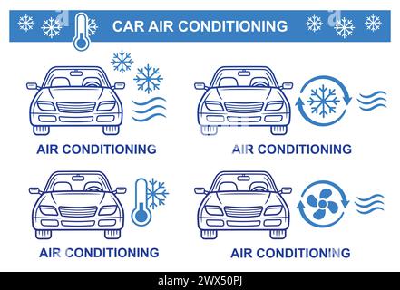 Climatisation de voiture, système de climatisation d'automobile, ensemble d'icônes de ligne de climatiseur de refroidissement de transport automatique. Régulation de la température froide par temps chaud Illustration de Vecteur