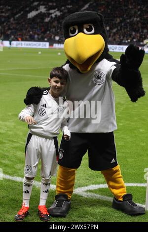 Francfort, Allemagne - 26. MARS 2024 : la mascotte de la DFB, l'aigle Paule, lors du match international amical de football avec des enfants de balle lors du match amical de football entre l'équipe nationale d'ALLEMAGNE et l'équipe nationale des PAYS-BAS au stade Frankurt de Francfort-sur-le-main le 26. Mars 2024, - Allemagne vs PAYS-BAS - - die Deutsche Fussball Nationalmannschaft beim Freundschaftsspiel gegen Holland à Francfort-sur-le-main. L'Èquipe d'Allemagne de Football a joué dans un match amical a Francfort contre l'équipe nationale des pays Bas. (Photo et copyright @ Arthur Banque D'Images