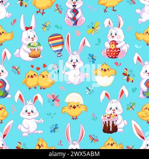 Motif sans couture joyeuse de Pâques avec lapin de Pâques, œufs et poulets Illustration de Vecteur