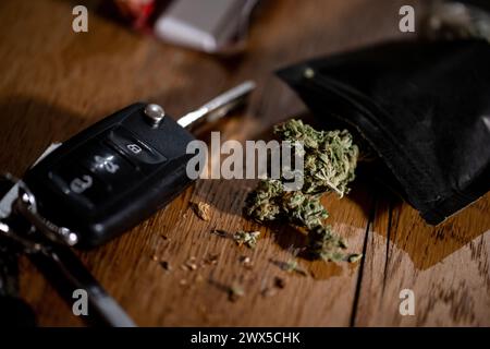 Berlin, Allemagne. 20 février 2024. ILLUSTRATION - fleurs de cannabis reposent sur une table à côté d'une clé de voiture. Le 22 mars, le Conseil fédéral a ouvert la voie à la légalisation partielle du cannabis le 1er avril. Crédit : Fabian Sommer/dpa/Alamy Live News Banque D'Images