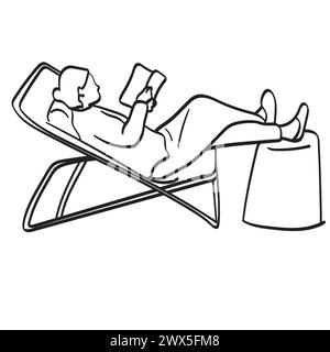 Jeune femme se relaxant dans une chaise longue avec vecteur d'illustration de livre dessiné à la main isolé sur fond blanc Illustration de Vecteur