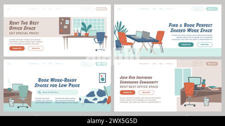 Jeu de bannières Web pour la promotion de location de bureau de coworking Illustration de Vecteur
