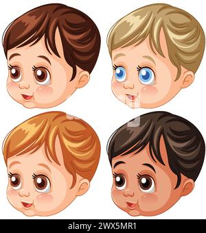 Quatre mignons visages animés de tout-petit avec différentes couleurs de cheveux Illustration de Vecteur