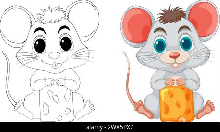 Deux illustrations de souris mignonnes, une tenant du fromage. Illustration de Vecteur