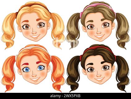 Quatre visages de fille de dessin animé avec différentes coiffures Illustration de Vecteur